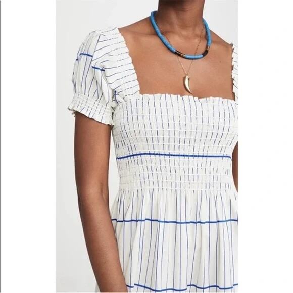 Tory Burch Striped Smocked Midi Dress Blue White XS Cotton Tiered Coastal Preppy - Picture 3 of 9
